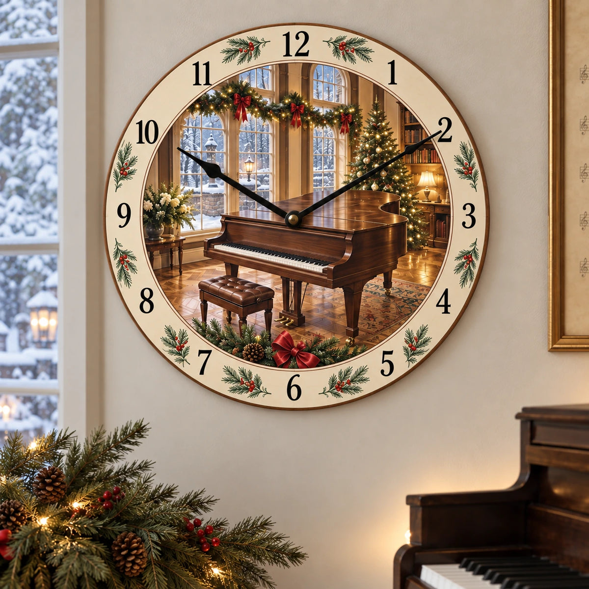 Christmas Piano Studio Wooden Wall Clock with layered printed depth and niche-specific Christmas background