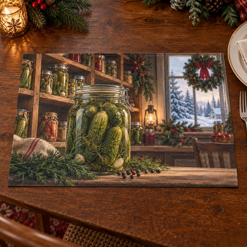 Christmas Pickle Pantry Linen Placemat with layered printed depth and niche-specific Christmas background