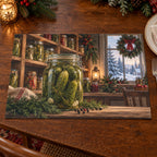 Christmas Pickle Pantry Linen Placemat with layered printed depth and niche-specific Christmas background