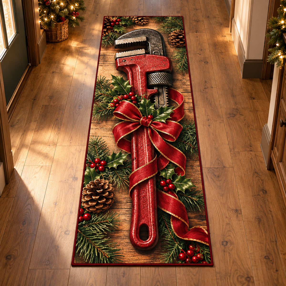 Christmas Pipe Wrench Family Craft Runner Rug flat printed mat in matching Christmas setting
