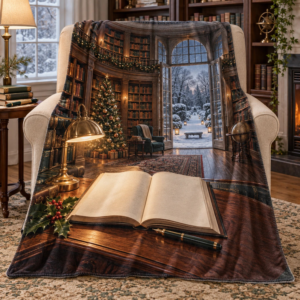 Christmas Poetry Library Fleece Throw Blanket with layered printed depth and niche-specific Christmas background