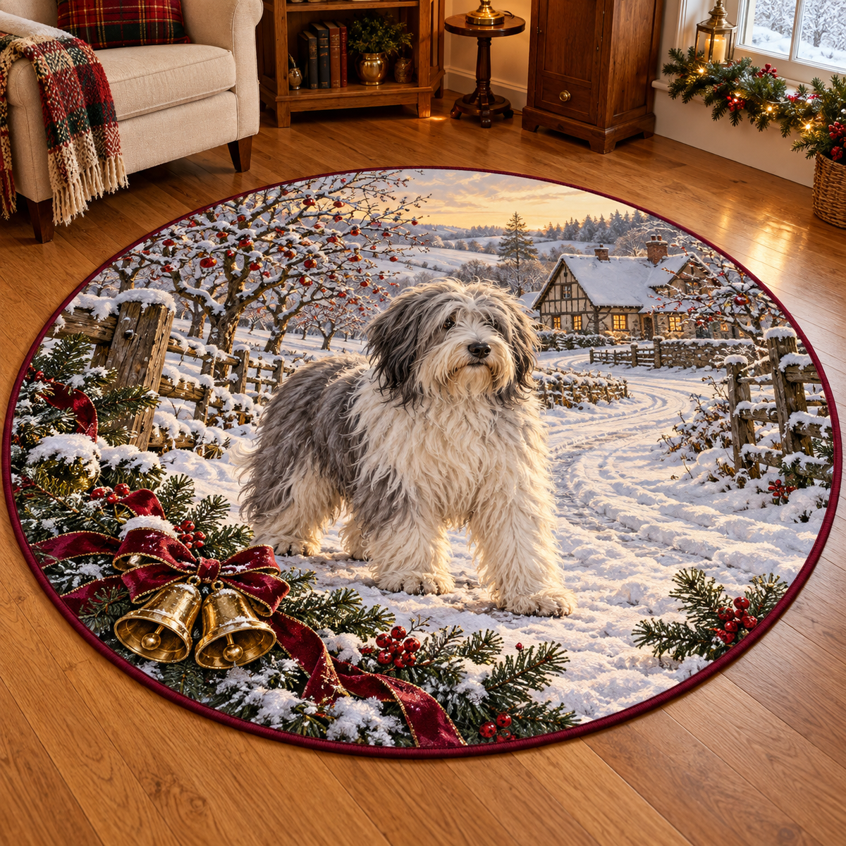 Polish Lowland Sheepdog Christmas artwork and layered scenic details printed on a flat round mat rug; festive details and apparent relief are printed.