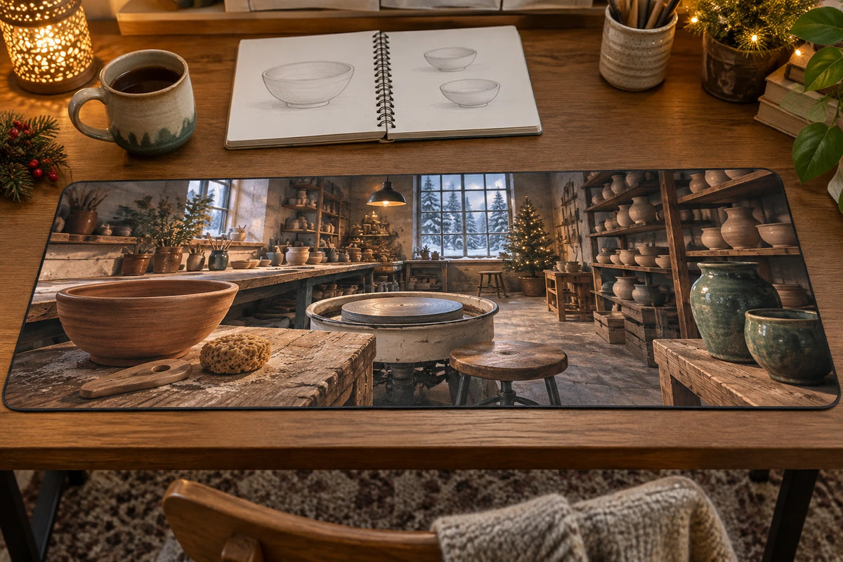 Christmas Pottery Studio Desk Mat with layered printed depth and niche-specific Christmas background