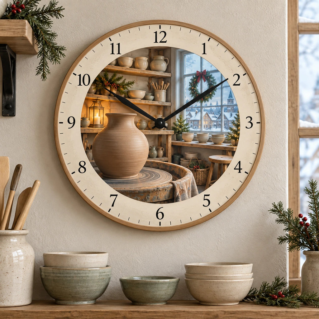 Christmas Pottery Studio Wooden Wall Clock with layered printed depth and niche-specific Christmas background