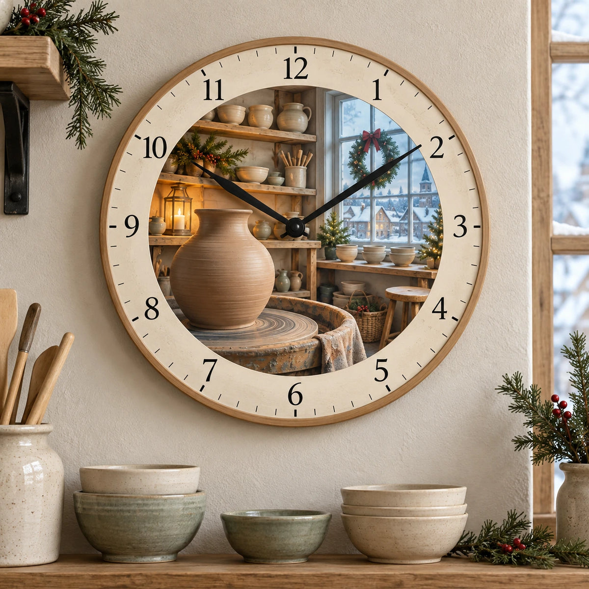 Christmas Pottery Studio Wooden Wall Clock with layered printed depth and niche-specific Christmas background