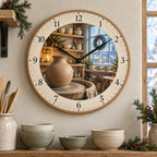 Christmas Pottery Studio Wooden Wall Clock with layered printed depth and niche-specific Christmas background