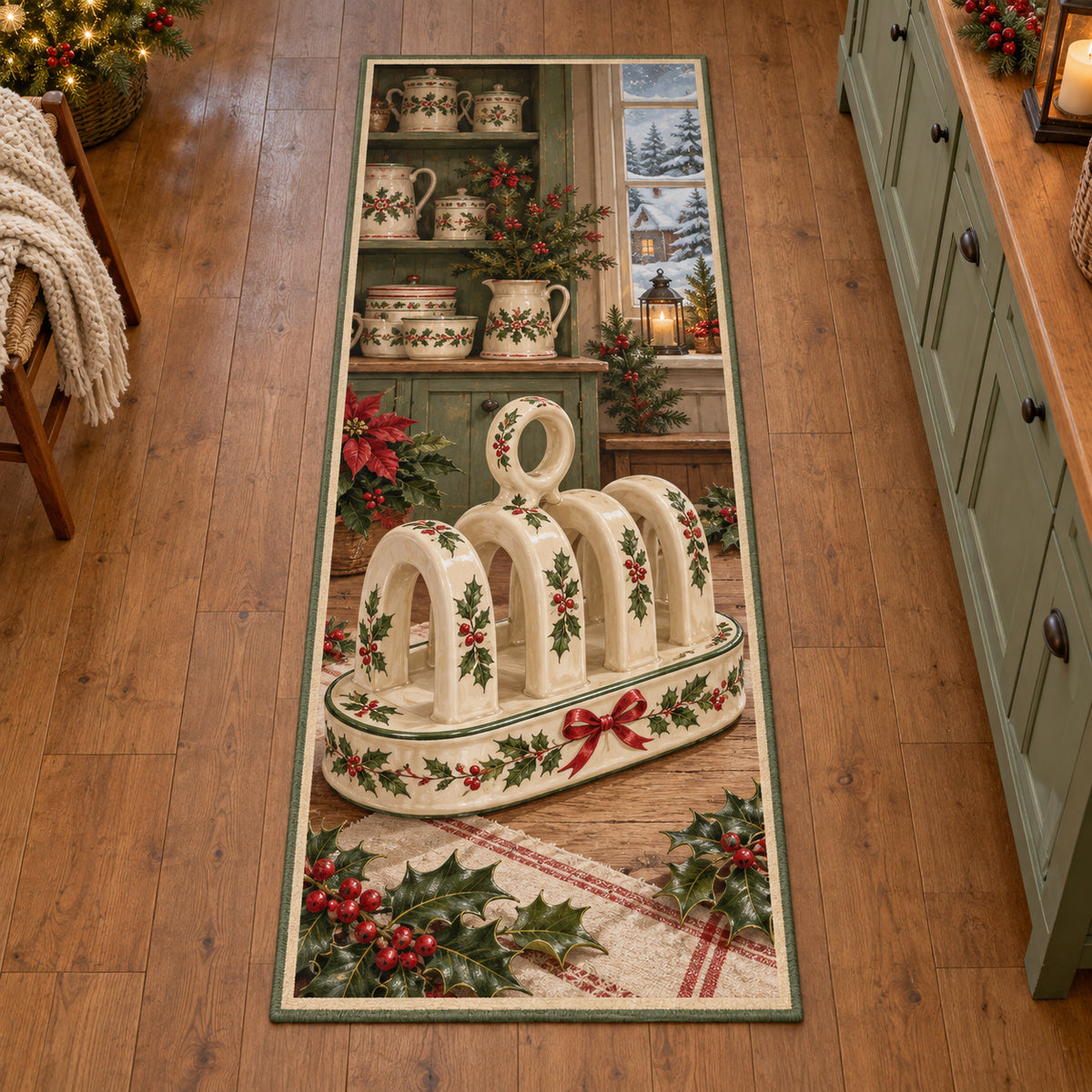 Christmas Pottery Toast Rack Gift Runner Rug flat printed mat in matching Christmas setting