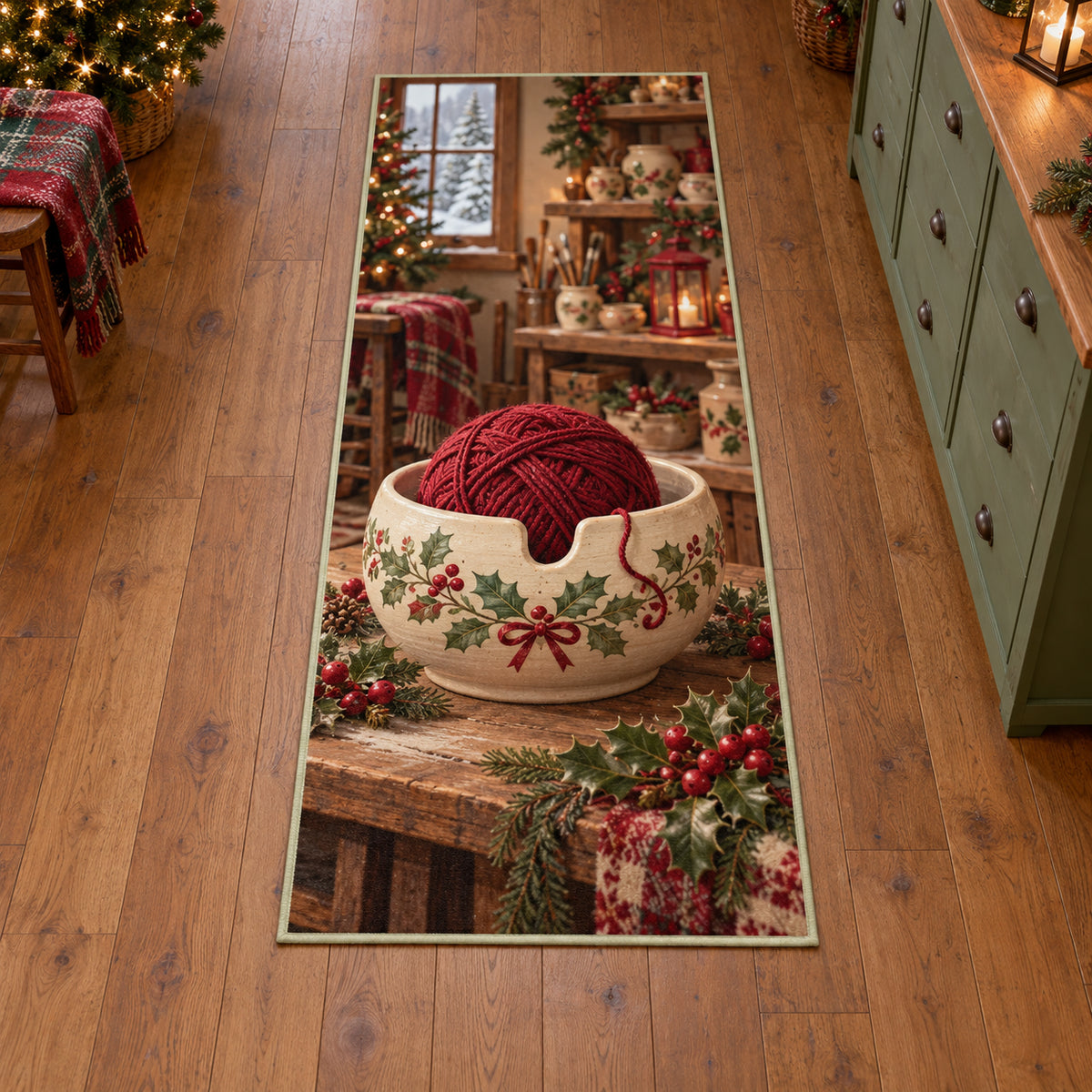 Christmas Pottery Yarn Bowl Gift Runner Rug flat printed mat in matching Christmas setting