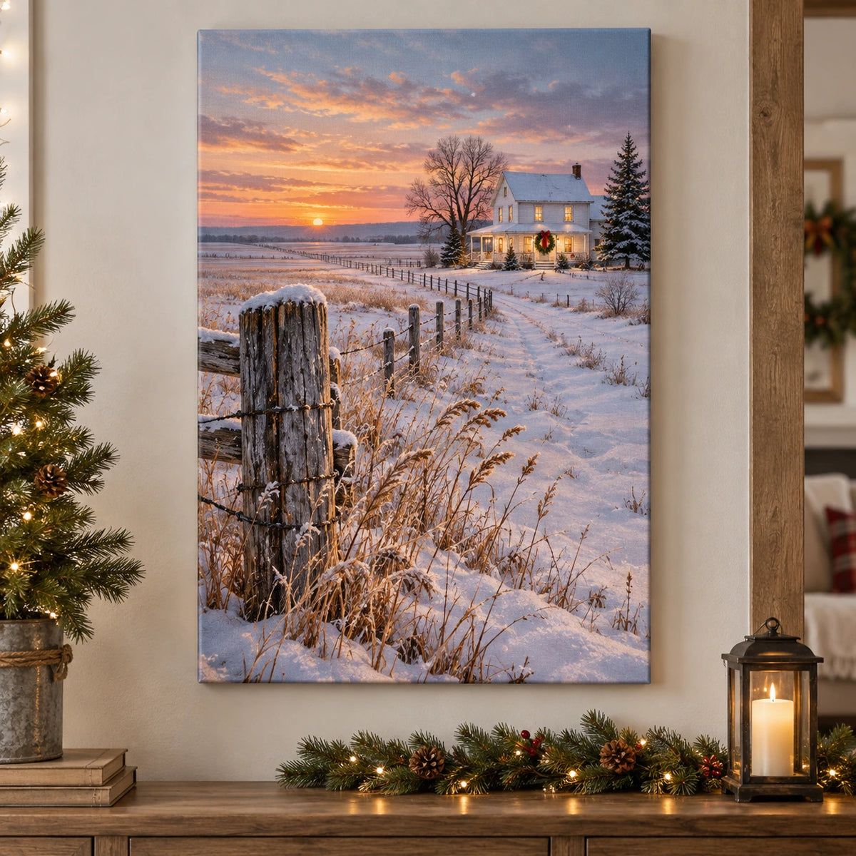 Christmas Prairie Home Stretched Canvas Wall Art with layered printed depth and niche-specific Christmas background