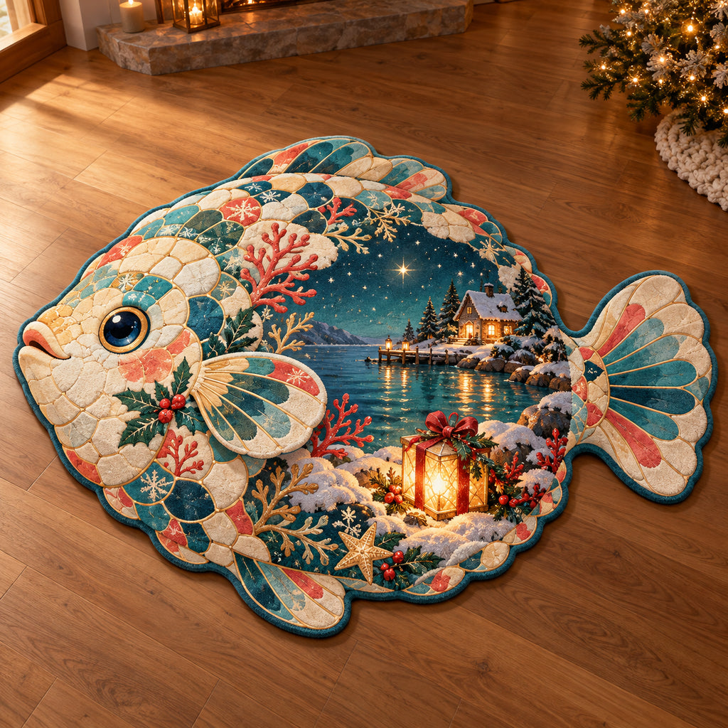Christmas Pufferfish Lagoon Gift Custom Shape Area Rug flat printed mat in matching Christmas setting