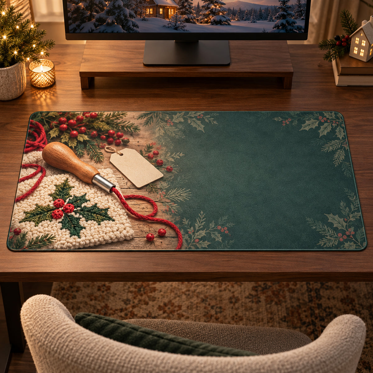 Christmas Punch Needle Family Craft Desk Mat flat printed mat in matching Christmas setting