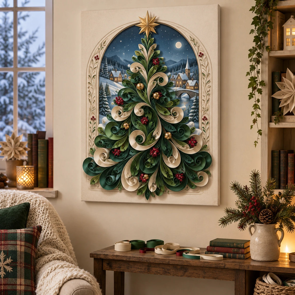 Christmas Quilling Stretched Canvas Wall Art with layered printed depth and niche-specific Christmas background