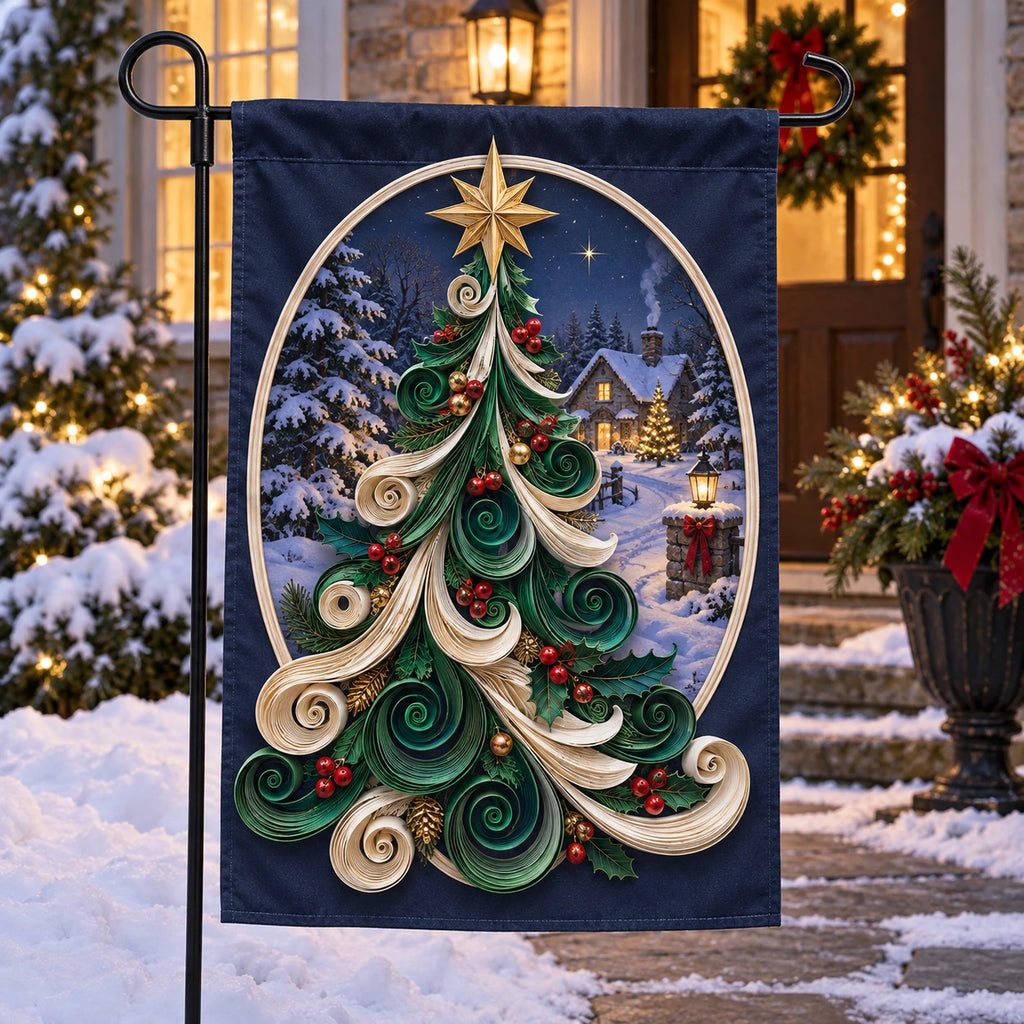 Christmas Quilling Tree Garden Flag with layered printed depth and niche-specific Christmas background