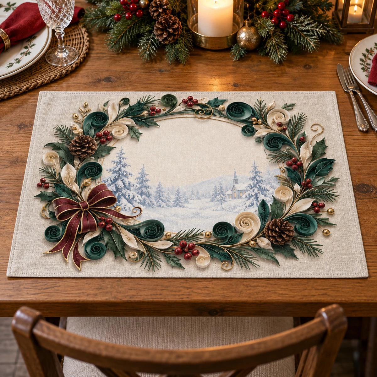Christmas Quilling Wreath Linen Placemat with layered printed depth and niche-specific Christmas background