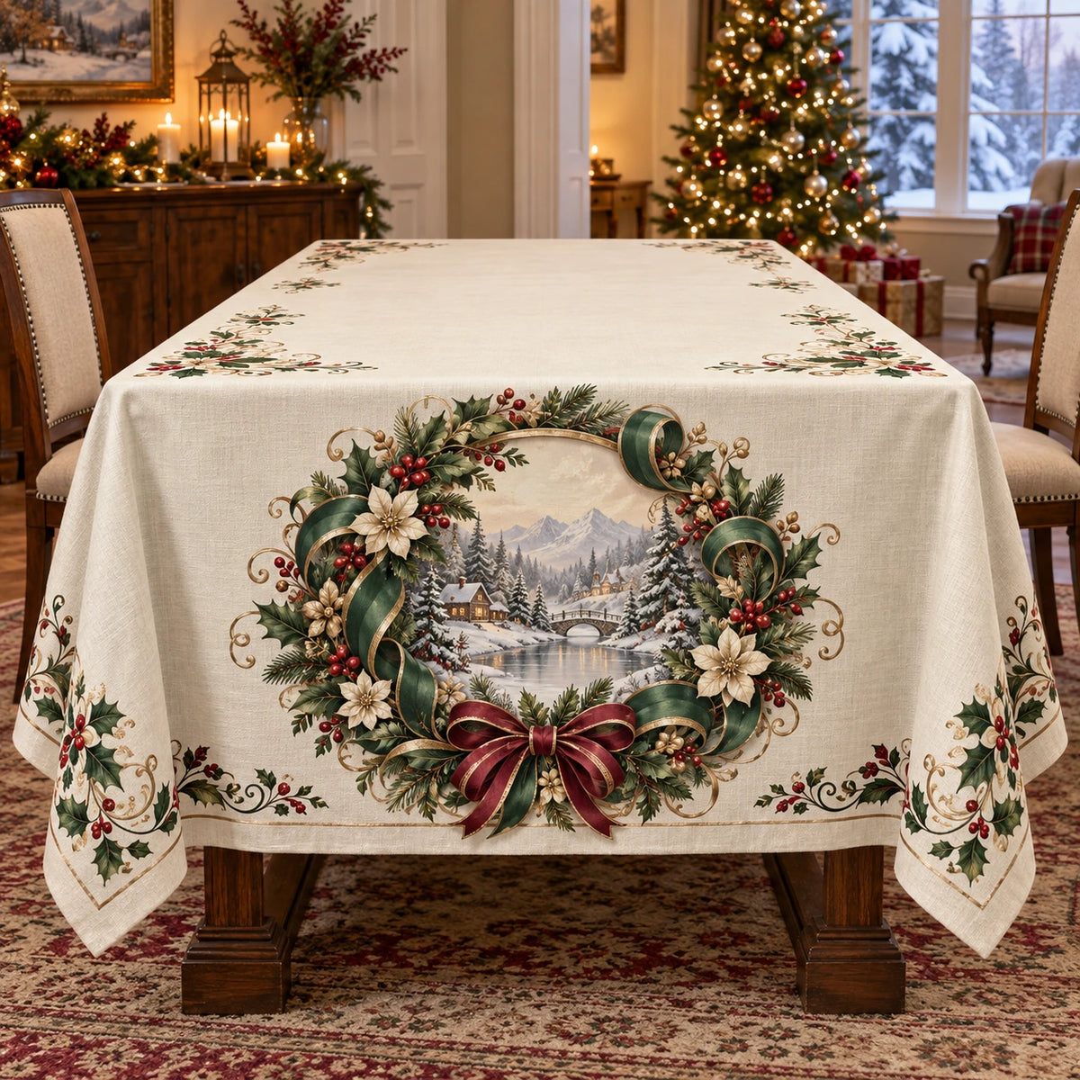 Christmas Quilling Wreath Tablecloth with layered printed depth and niche-specific Christmas background