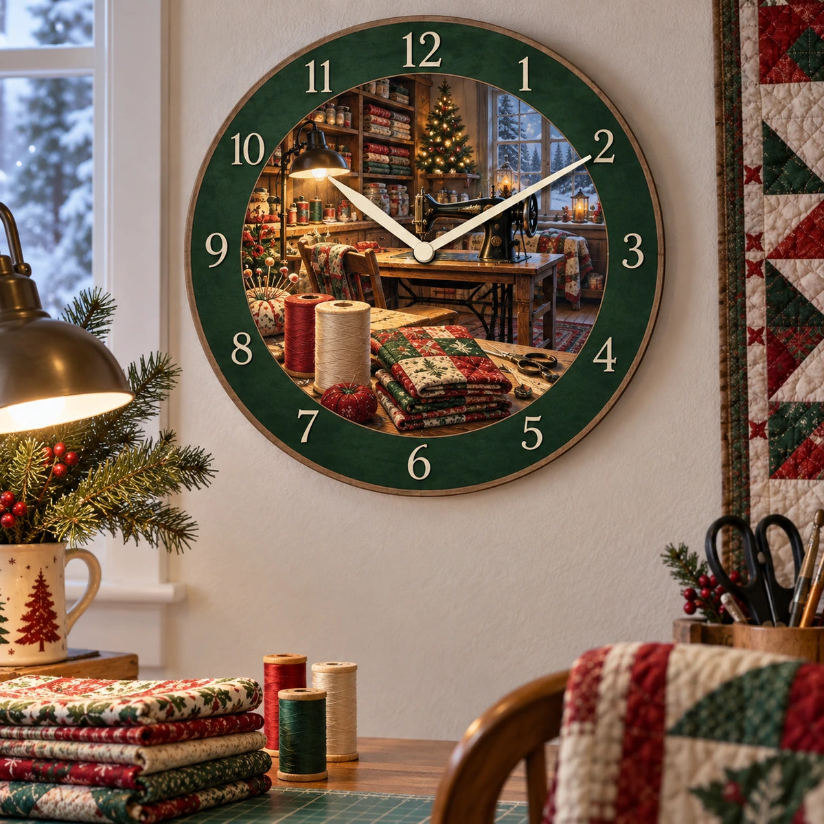 Christmas Quilting Studio Wooden Wall Clock with layered printed depth and niche-specific Christmas background