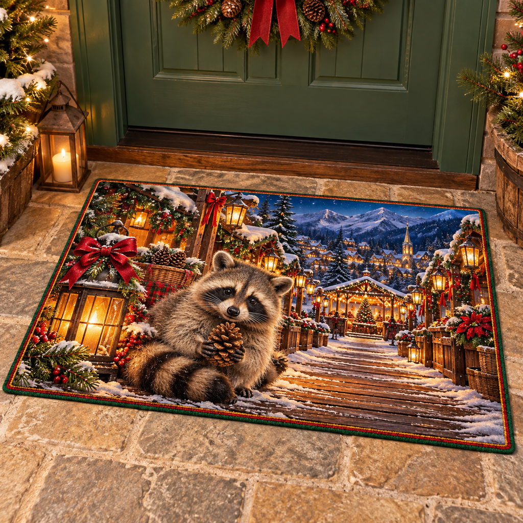 Christmas Raccoon Lantern Market Doormat flat printed mat in a matching Christmas room