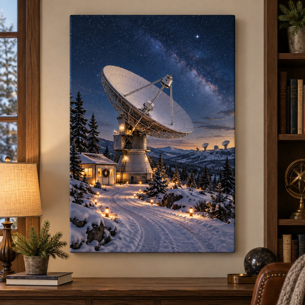 Christmas Radio Astronomy Stretched Canvas Wall Art with layered printed depth and niche-specific Christmas background