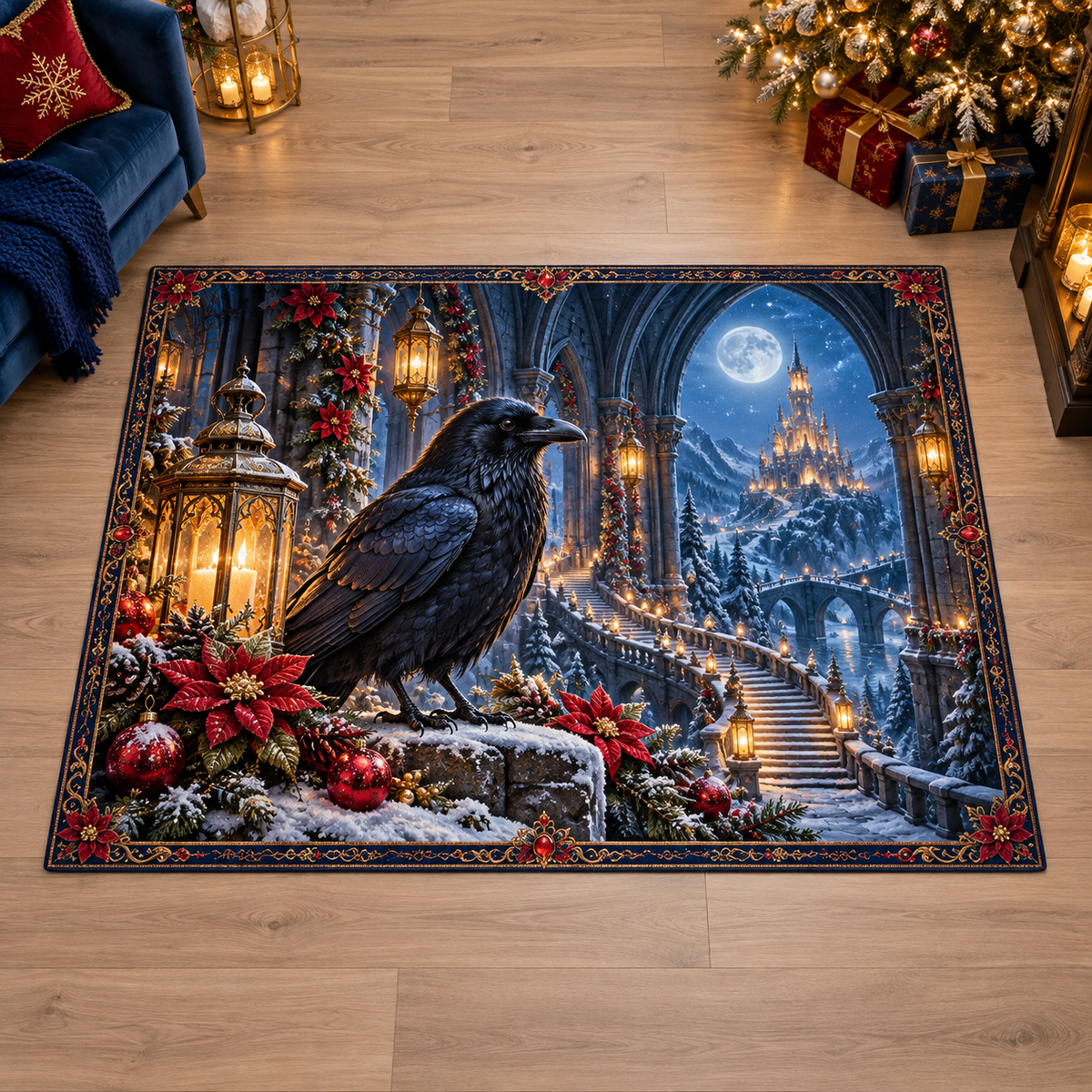 Christmas Raven Moonlit Staircase Area Rug flat printed mat in a matching Christmas room