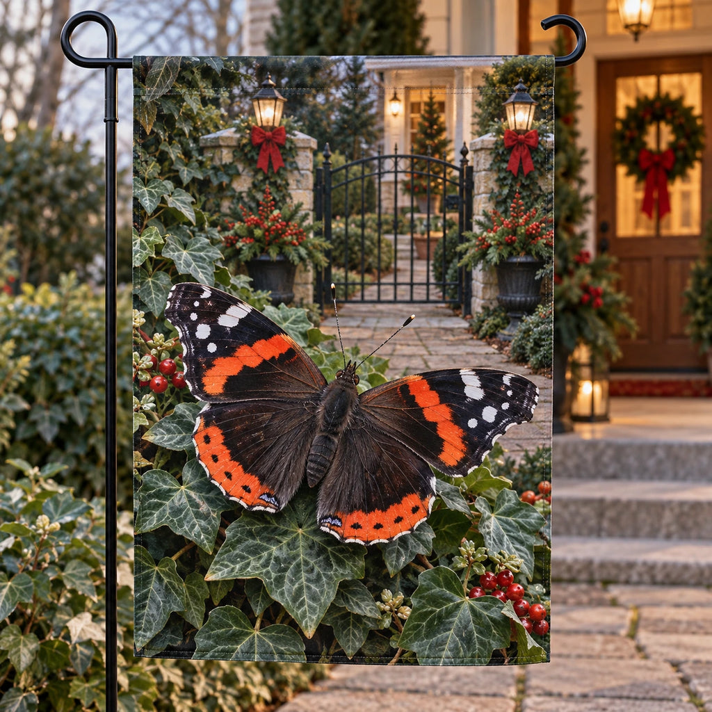 Christmas Red Admiral Butterfly Garden Flag with layered printed depth and niche-specific Christmas background