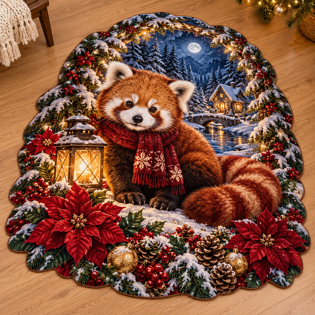 Red panda with scarf and lantern in a snowy woodland Christmas design printed on a flat scalloped custom-shape rug in a cozy room