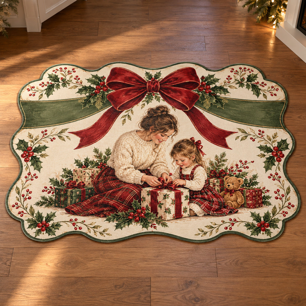 Christmas Ribbon Card Family Love Custom Shape Area Rug flat printed mat in matching Christmas setting