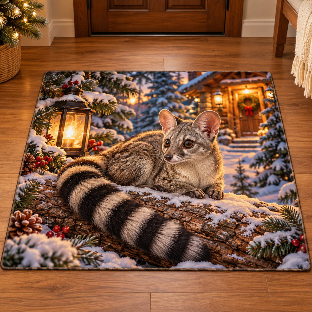 Christmas Ringtail Cabin Welcome Doormat flat printed mat in matching Christmas setting