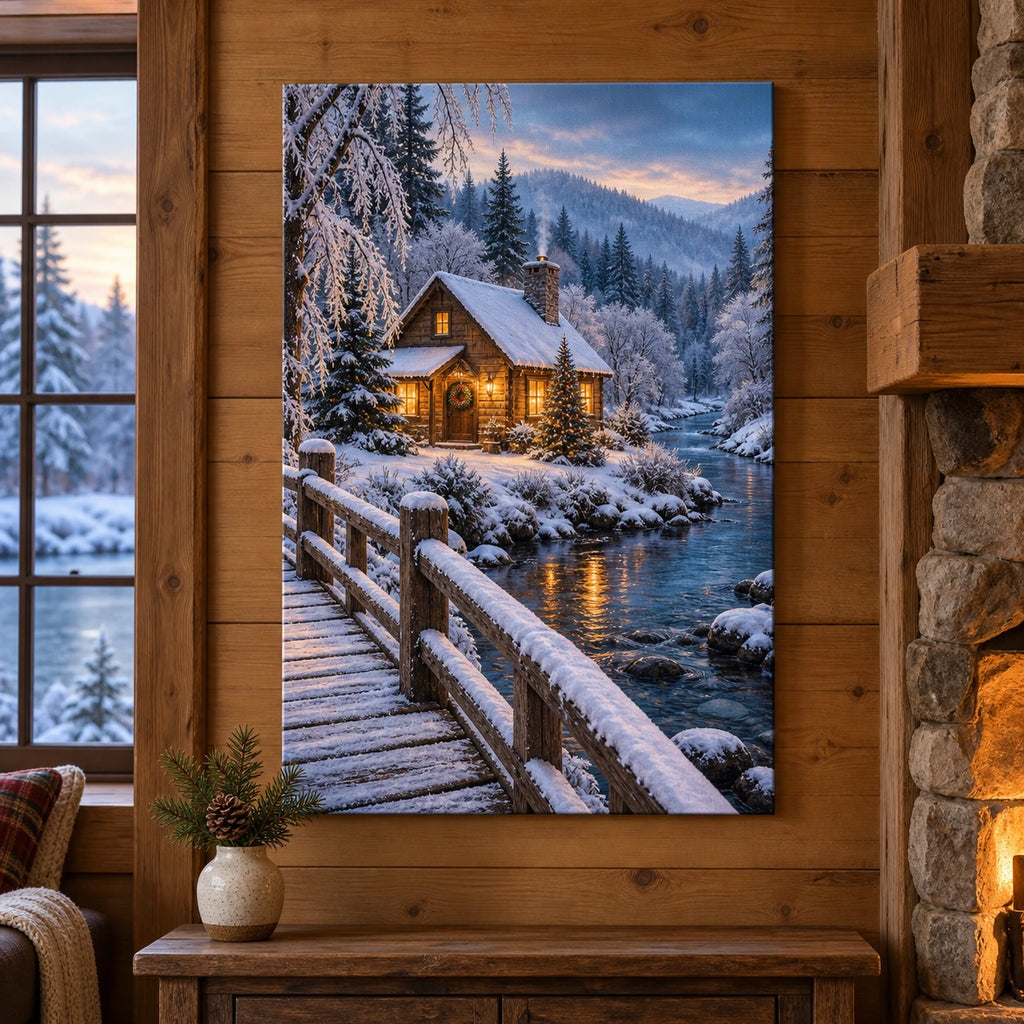 Christmas Riverside Stretched Canvas Wall Art with layered printed depth and niche-specific Christmas background