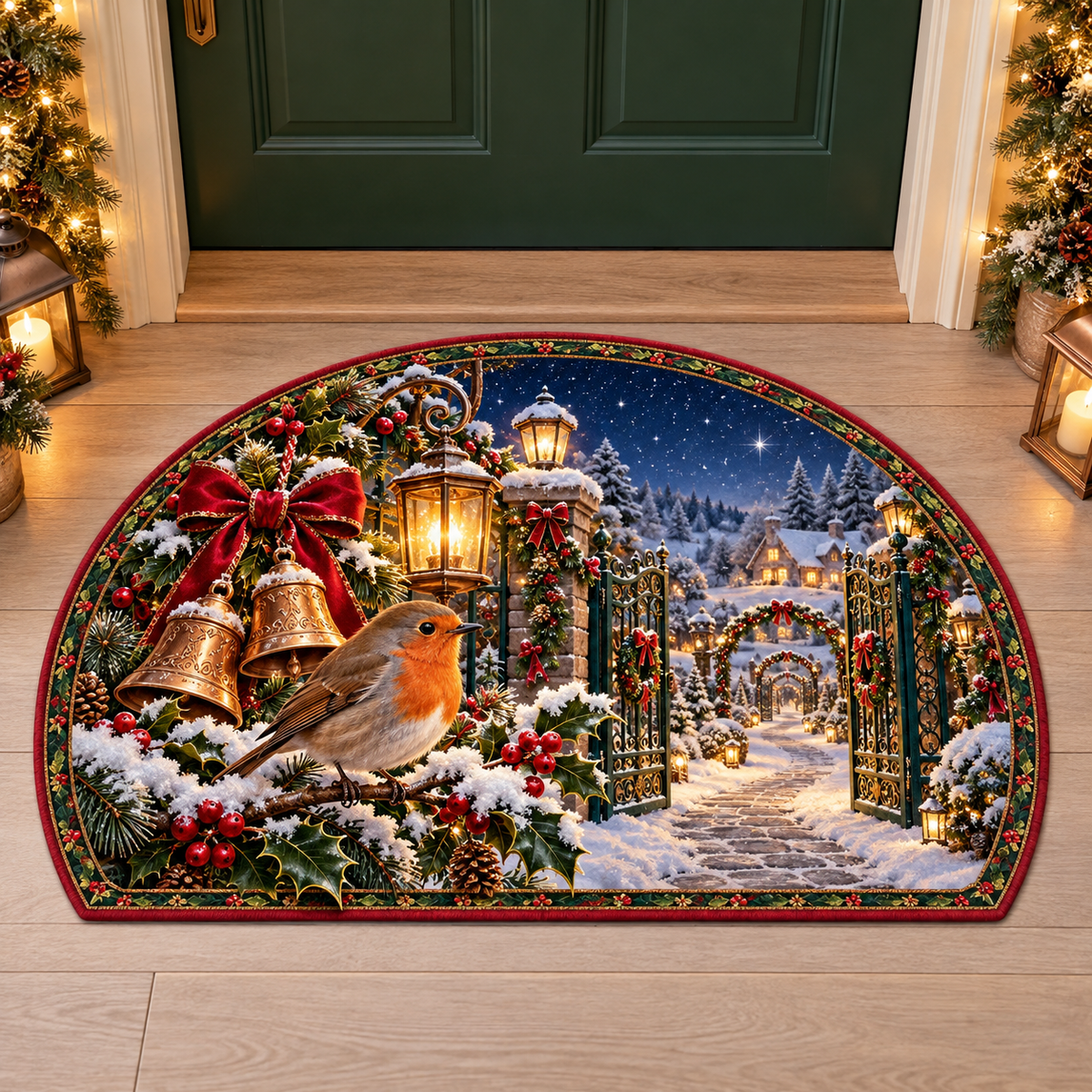 Christmas Robin Holly Gateway Semicircle Mat flat printed mat in a matching Christmas room