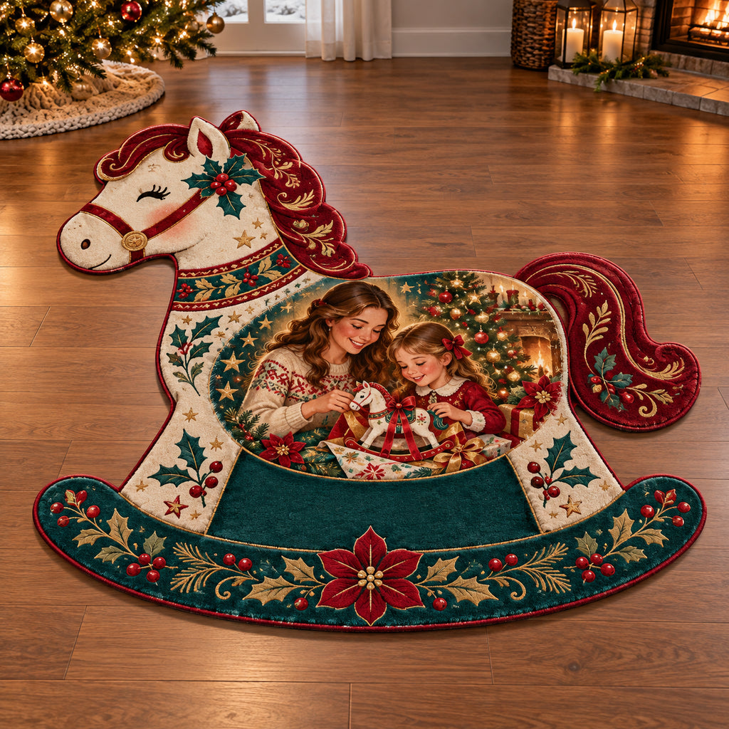 Christmas Rocking Horse Family Play Custom Shape Area Rug flat printed mat in matching Christmas setting