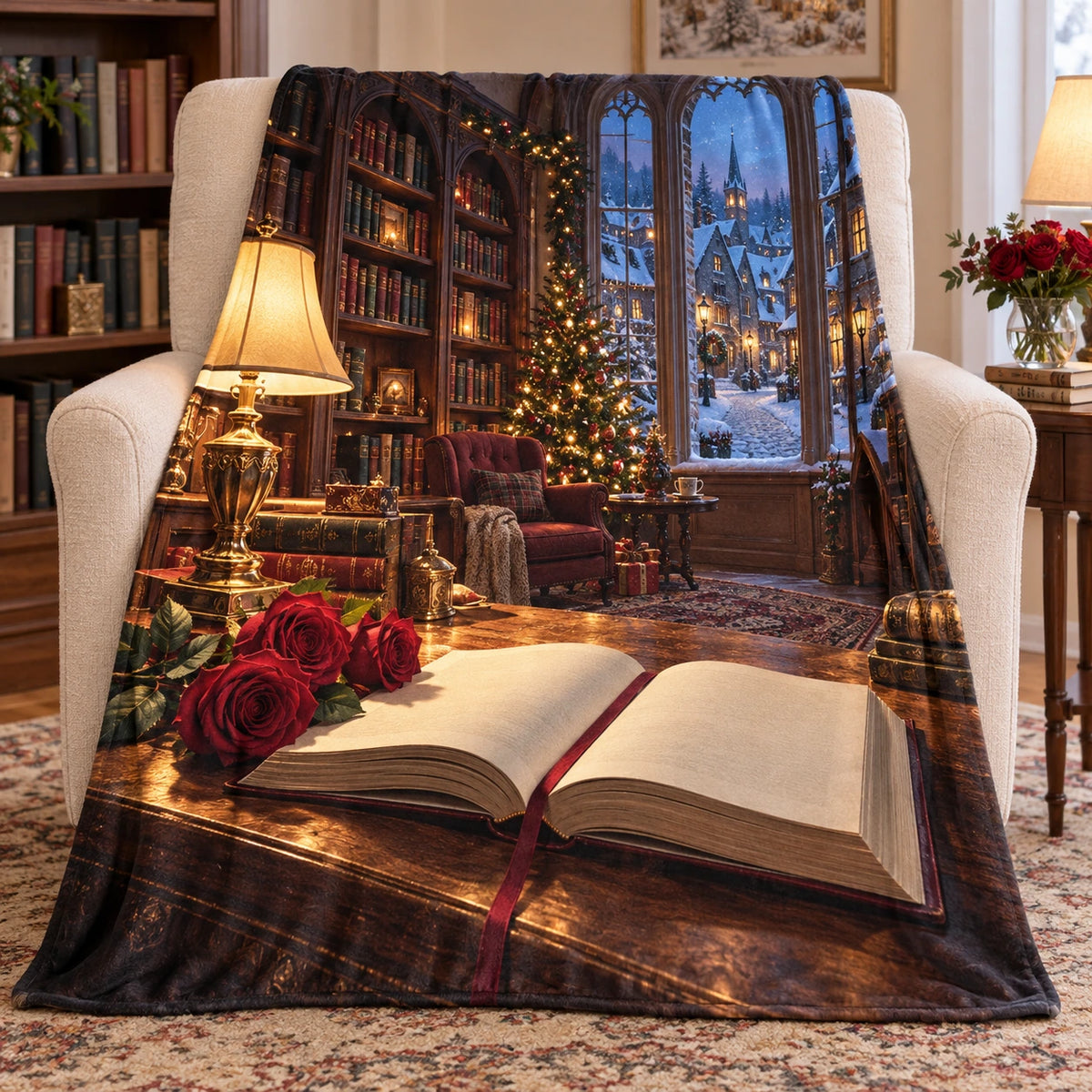 Christmas Romance Reader Fleece Throw Blanket with layered printed depth and niche-specific Christmas background