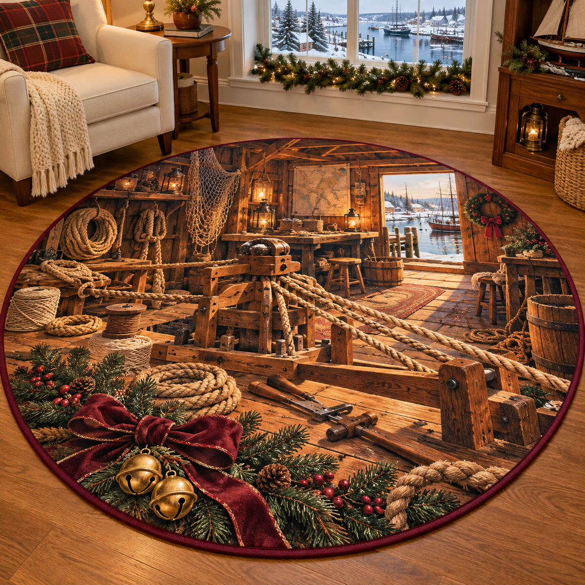 Ropemaker Workshop Christmas artwork and layered scenic details printed on a flat round mat rug; festive details and apparent relief are printed.