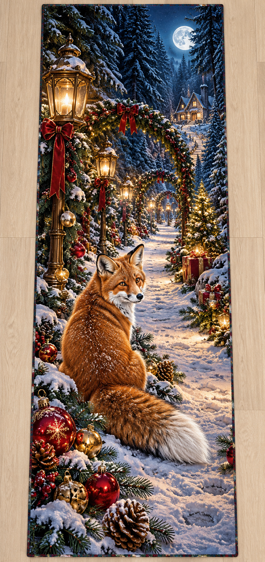 Red fox on a snowy Christmas trail with glowing lanterns, garland arches and distant cottage, printed optical depth on a flat runner rug with coordinated edge colors