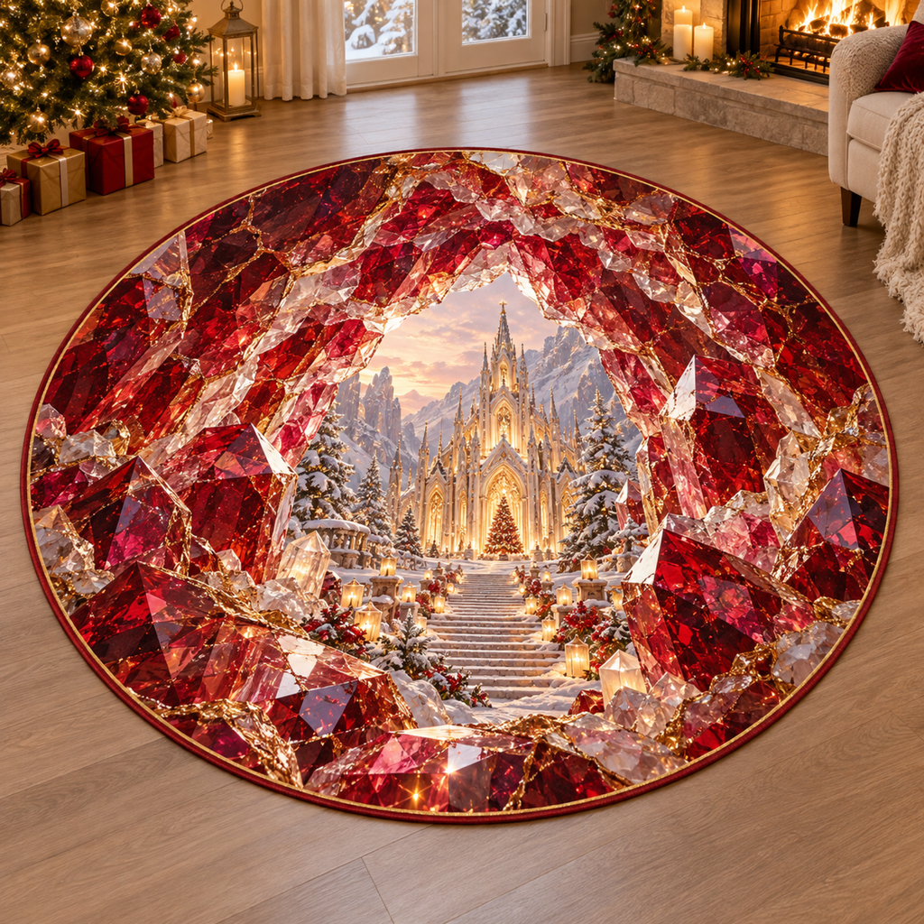 Christmas Ruby Geode Winter Cathedral Round Mat Rug flat printed mat in matching Christmas setting