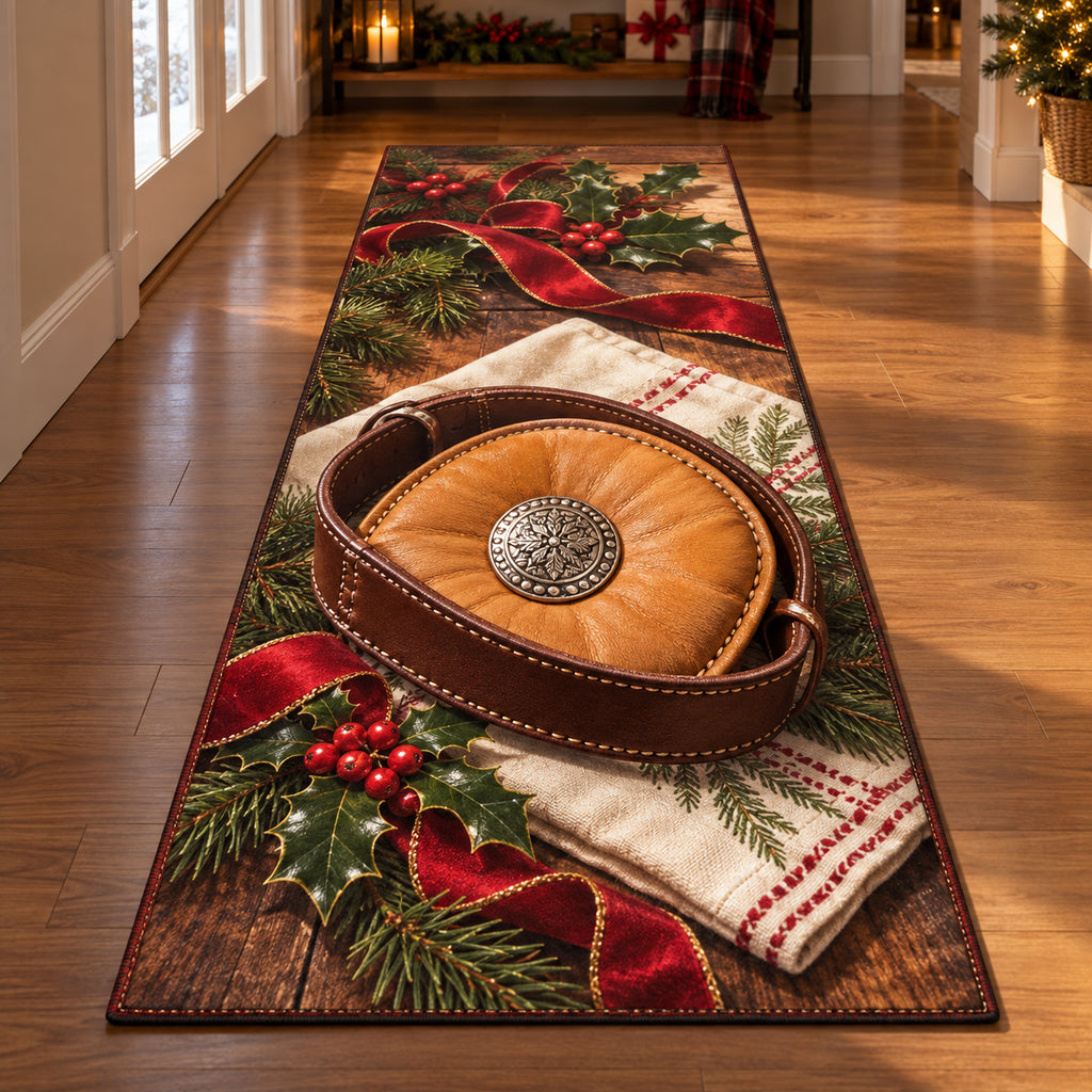Christmas Saddlers Palm Family Stitches Runner Rug flat printed mat in matching Christmas setting