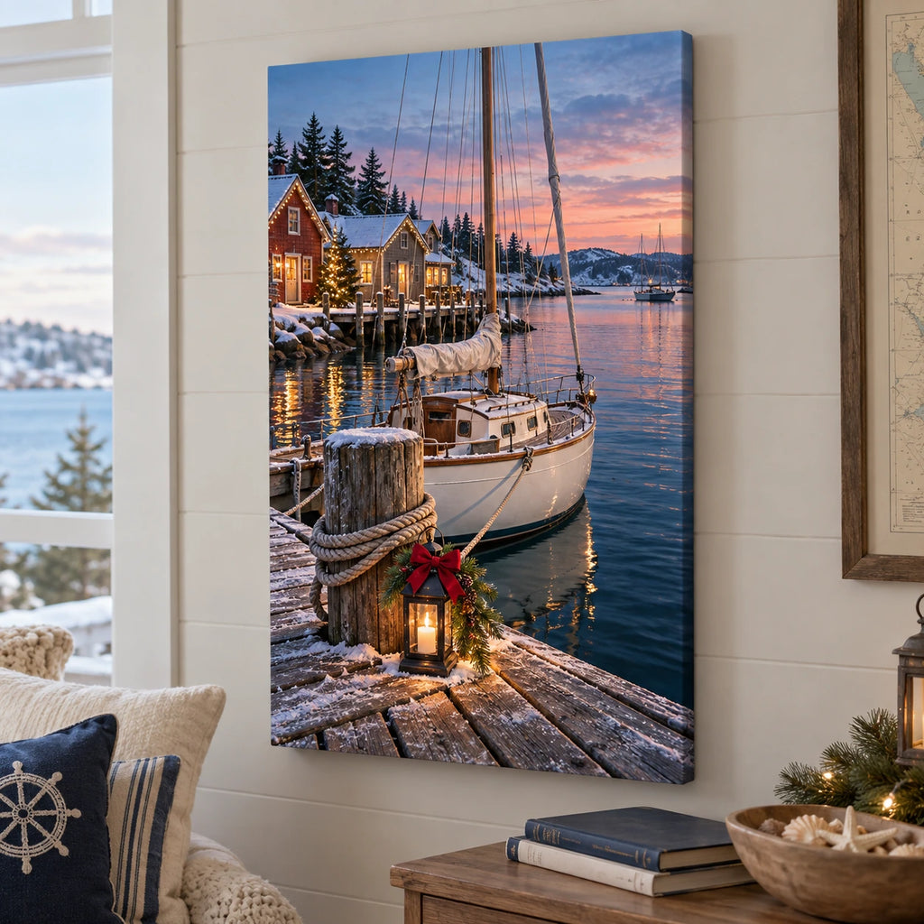 Christmas Sailboat Harbor Stretched Canvas Wall Art with layered printed depth and niche-specific Christmas background