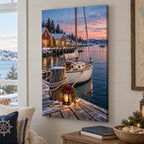 Christmas Sailboat Harbor Stretched Canvas Wall Art with layered printed depth and niche-specific Christmas background