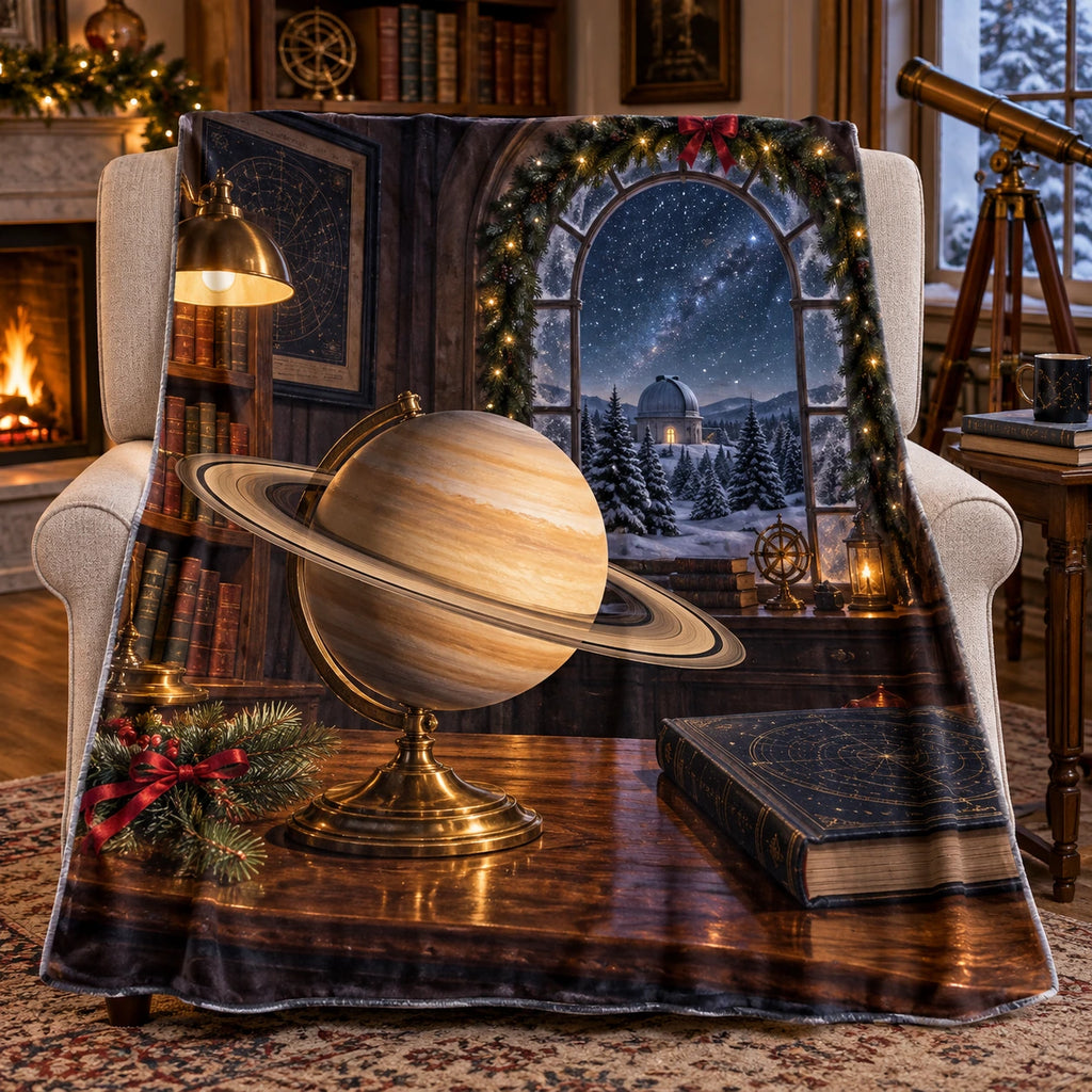 Christmas Saturn Study Fleece Throw Blanket with layered printed depth and niche-specific Christmas background