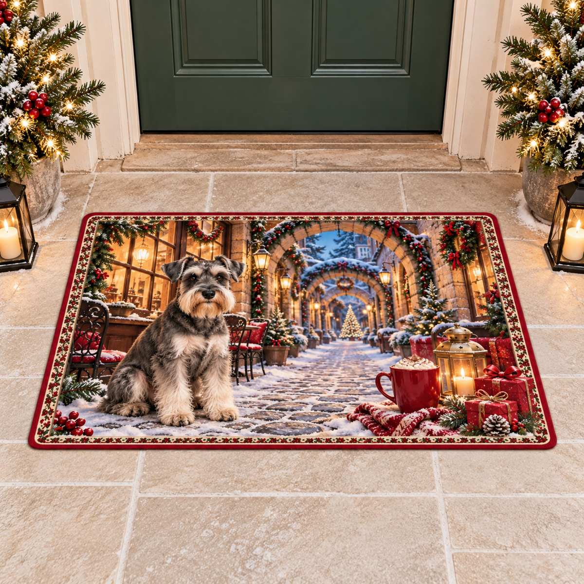 Christmas Schnauzer Cocoa Atelier Doormat flat printed mat in a matching Christmas room