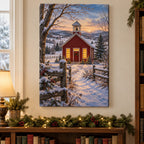 Christmas Schoolhouse Stretched Canvas Wall Art with layered printed depth and niche-specific Christmas background