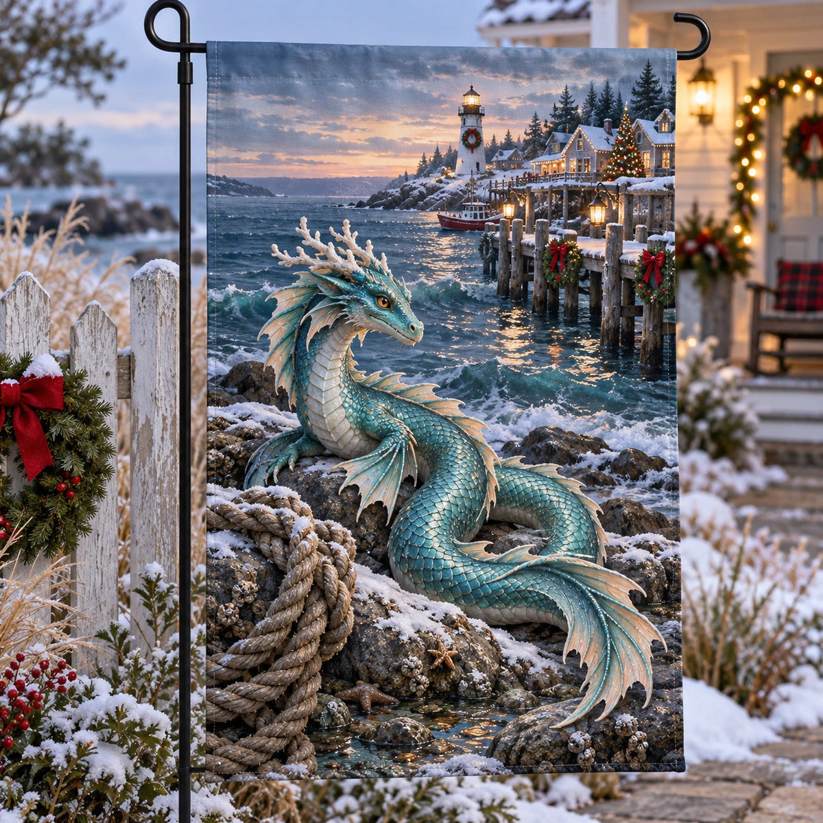 Christmas Sea Dragon Harbor Garden Flag with layered printed depth and niche-specific Christmas background