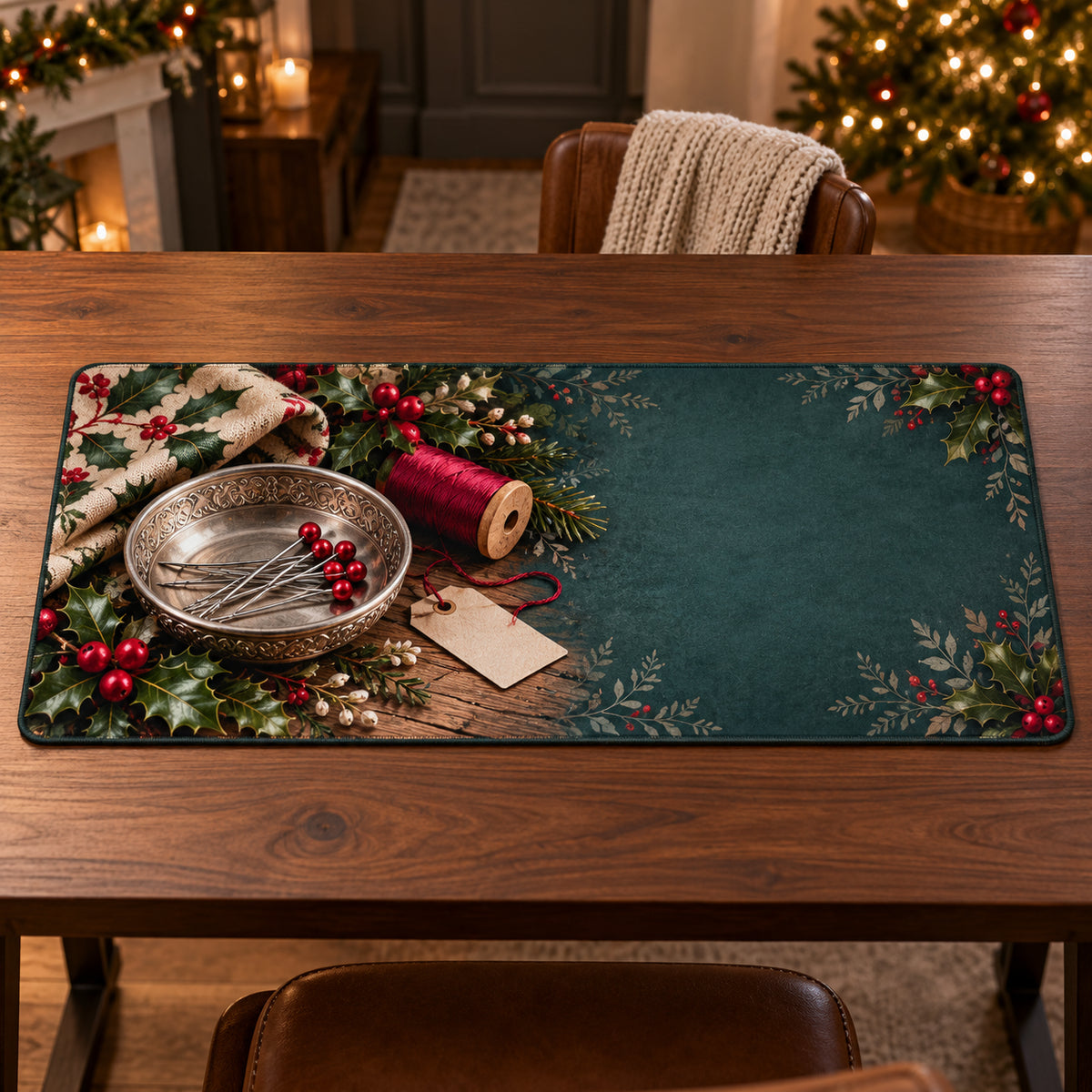 Christmas Sewing Magnet Bowl Family Craft Desk Mat flat printed mat in matching Christmas setting