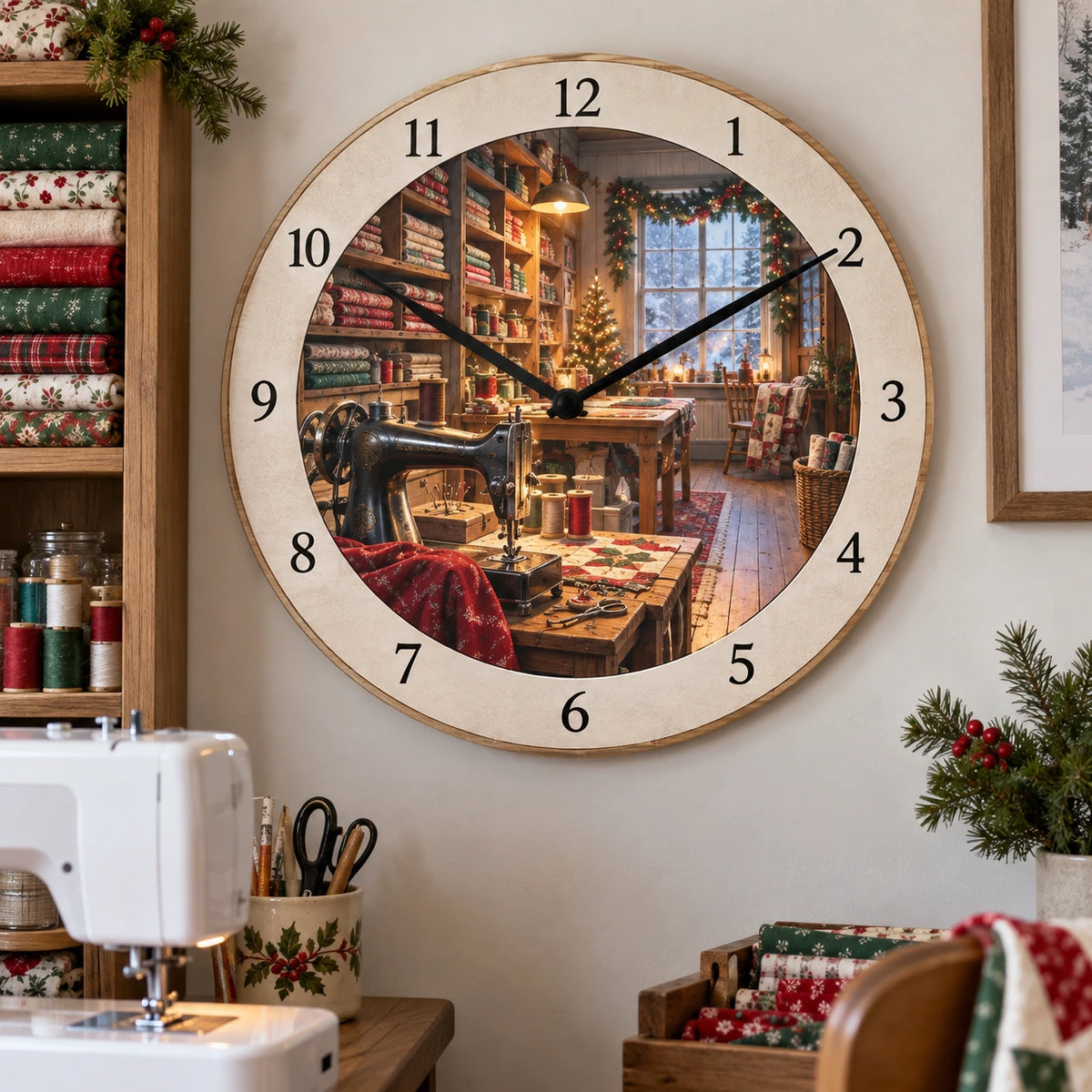 Christmas Sewing Studio Wooden Wall Clock with layered printed depth and niche-specific Christmas background