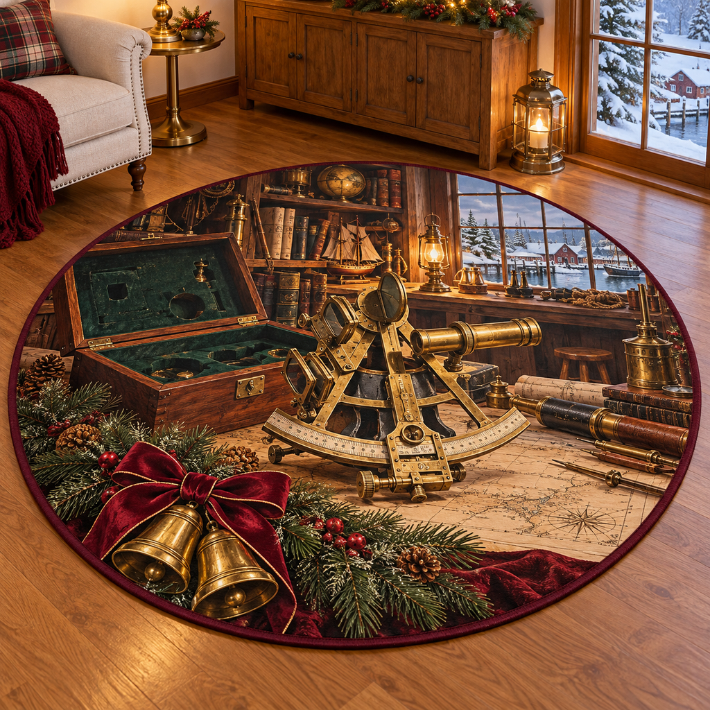 Sextant Workshop Christmas artwork and layered scenic details printed on a flat round mat rug; festive details and apparent relief are printed.