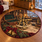 Sextant Workshop Christmas artwork and layered scenic details printed on a flat round mat rug; festive details and apparent relief are printed.