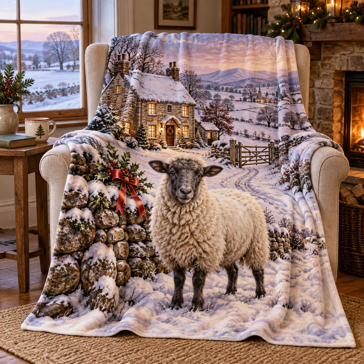 Christmas Sheep Meadow Fleece Throw Blanket with layered printed depth and niche-specific Christmas background