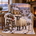 Christmas Sheep Meadow Fleece Throw Blanket with layered printed depth and niche-specific Christmas background