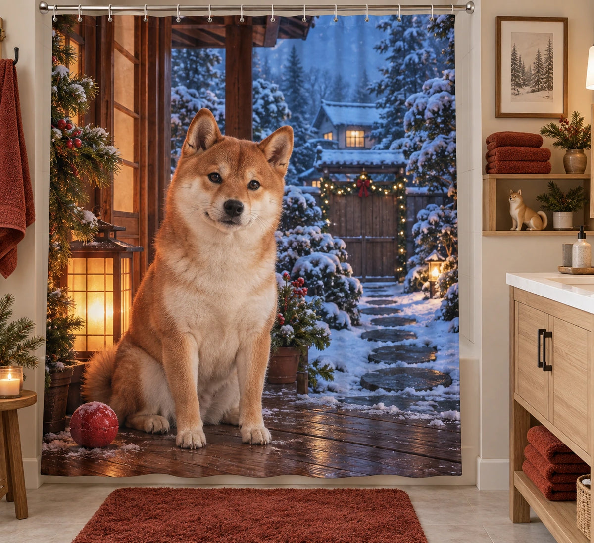 Christmas Shiba Inu Garden Shower Curtain with layered printed depth and niche-specific Christmas background