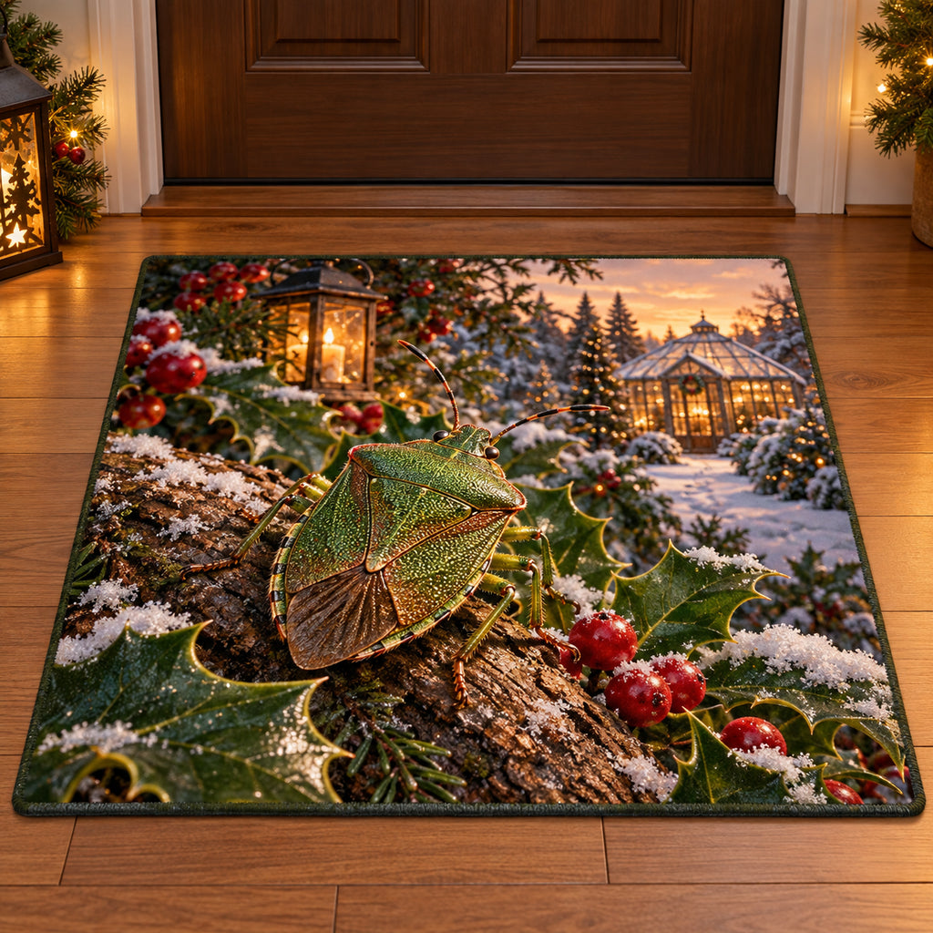 Christmas Shield Bug Leaf Lantern Doormat flat printed mat in matching Christmas setting