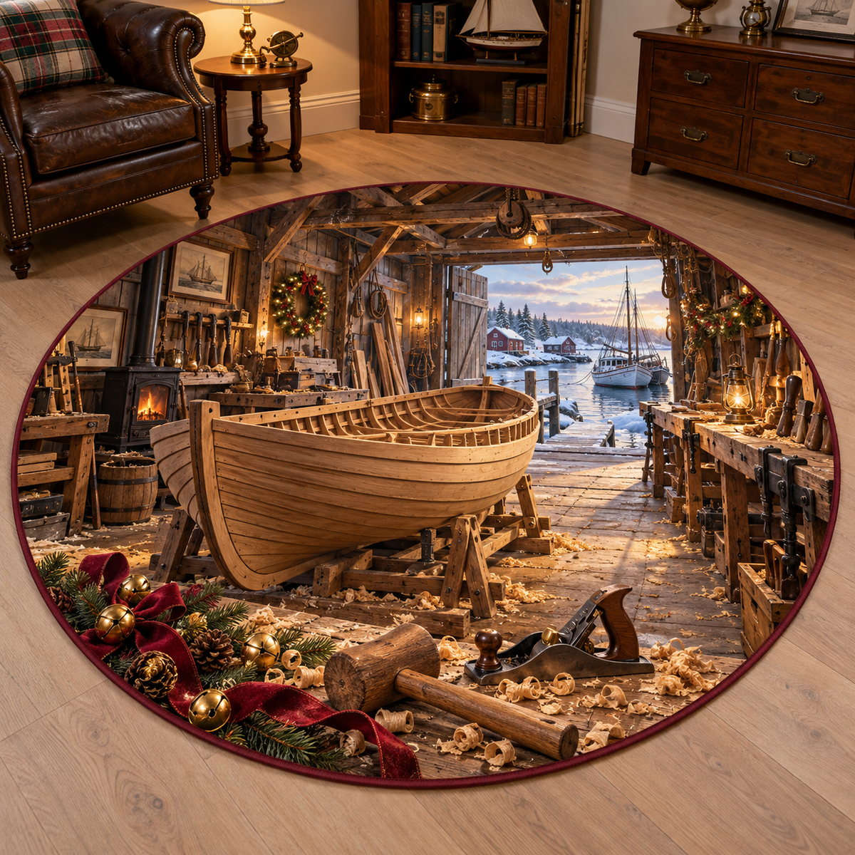 Shipwright Workshop Christmas artwork and layered woodland scenery printed on a flat round mat rug; festive details and apparent relief are printed.